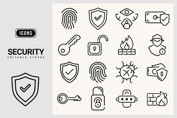 Collection of various security icons in editable stroke style
