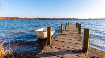 Fototapeta premium Dock stretches over water with boat tied to it on a sunny day