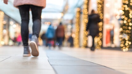 People walk through a shopping mall decorated with lights in the evening