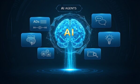 Conceptual digital illustration of machine learning stylized AI brain connected to icons like gears, charts, cloud, and user profiles. Bright, modern color palette