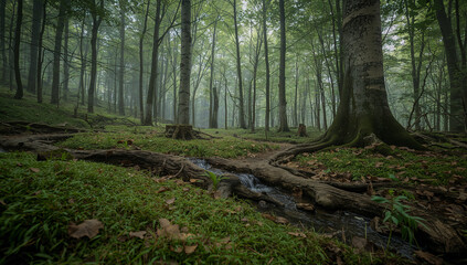 Obraz premium ブナの若葉と滑らかな幹が連なる新緑の森の昼下がり