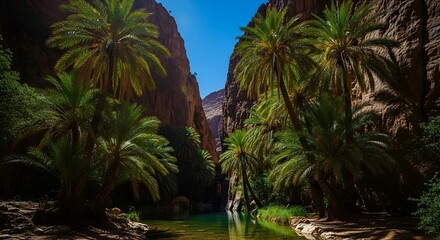 Fototapeta premium Hidden mountain oasis with palm trees and water pool in Chebika Tunisia