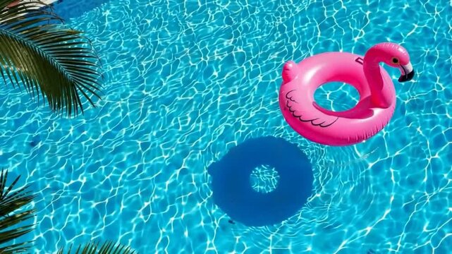 Pink flamingo floatie floating in a crystal clear blue swimming pool with palm leaf shadows, tropical summer vacation background.