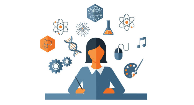 Illustration of a person surrounded by various symbols representing different fields of knowledge and creativity.