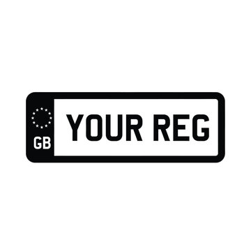 Vector illustration icon black and white license plate template with gb flag and text your reg