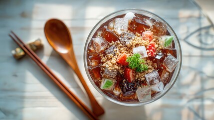 Ice Jelly dessert (冰粉 / 凉粉甜品), authentic Guangxi Chinese chilled jelly dessert with crystal clear jelly cubes, topped with brown sugar syrup, crushed peanuts, Chinese Dessert