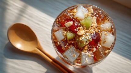Ice Jelly dessert (冰粉 / 凉粉甜品), authentic Guangxi Chinese chilled jelly dessert with crystal clear jelly cubes, topped with brown sugar syrup, crushed peanuts, Chinese Dessert