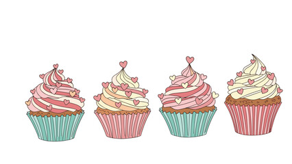 Set of four gourmet cupcakes decorated with pink and cream frosting and small heart-shaped toppings in various pastel-colored paper liners on white.
