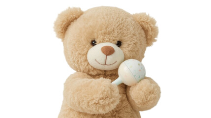 Fototapeta premium Soft and cuddly teddy bear holding a pacifier with sweet expression on white background