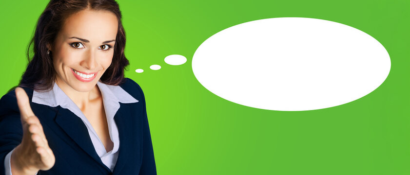 Portrait image of happy smiling beautiful business woman wear black suit jacket, white shirt, giving hand for handshake, isolated vivid green background. Mockup mock up empty speech bubble banner