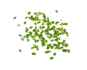 Heap of Green spring onions, chopped green onions isolated on white background.  top view