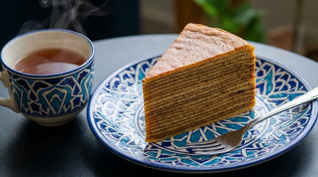 Slice of Indonesian layer cake Lapis Legit on blue patterned plate with steaming tea, concept for culinary blog content, traditional food promotion and cafe menu marketing