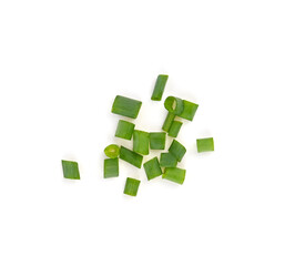 Green spring onions, chopped green onions isolated on white background.  top view
