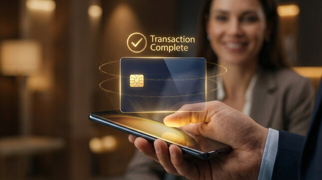 A person uses a smartphone to complete a contactless transaction with a credit card, showing a successful payment.