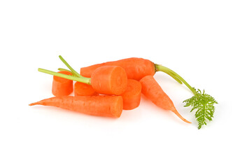 Heap of fresh baby carrot with leaf isolated on white background
