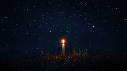 Fototapeta premium Illuminated Candle in Darkness Under Starry Night Sky with Sparkling Stars and Cosmic Wonder, Evoking Peaceful and Serene Atmosphere for Quiet Reflection and Meditation