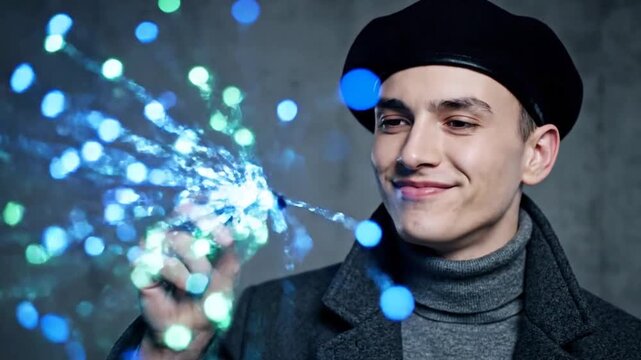 Stylish young man in a beret creating magical blue light particles.