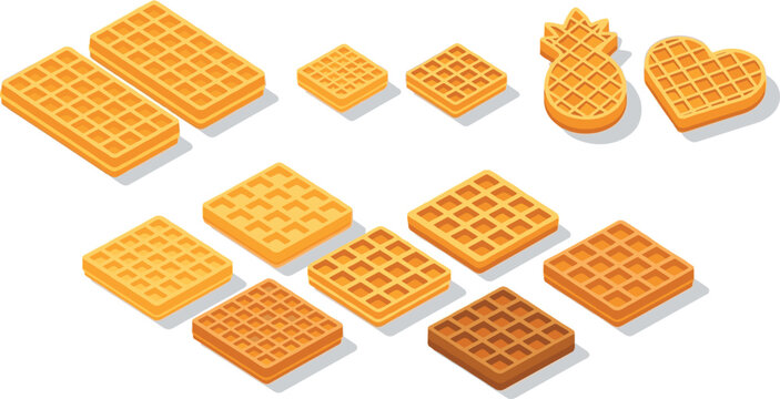 Golden waffle shapes vector set. Isometric crispy breakfast pastries collection. Square, rectangle, round and heart waffles isolated on white background.