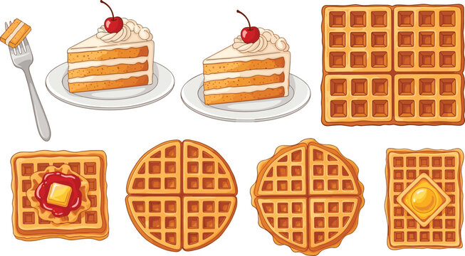 Golden waffle and cake dessert vector set. Sweet breakfast pastries with syrup, butter and cherry topping. Bakery food illustration isolated on white background.