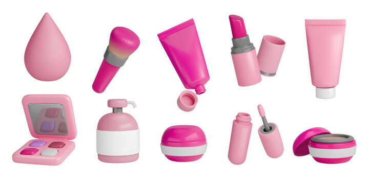 3d makeup icons. Beauty lipstick, skincare product as sponge brush and eyeshadow palette. Pump and jars for lotion and foundation, pink cream fashion glossy render. Vector cute isolated set