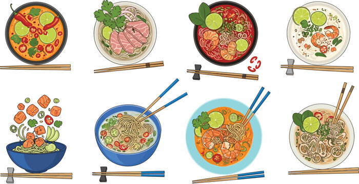 Asian noodle soup and curry vector set. Ramen, pho and spicy seafood bowls with chopsticks. Traditional cuisine illustrations isolated on white background.