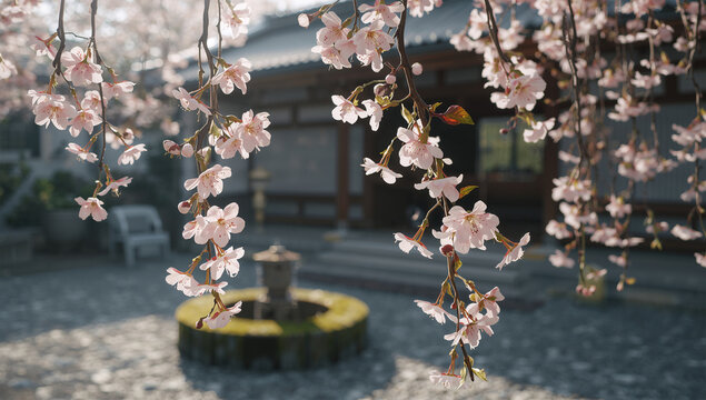 枝垂れ桜が咲き始める寺の庭で柔らかな朝光に揺れる