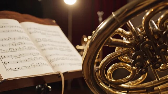 Sheet music on stand with brass instruments under warm light