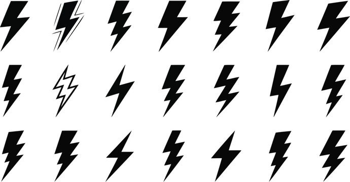 Collection of various bold black lightning bolt symbols arranged neatly on a plain white background
