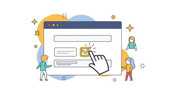 Users interact with a web form by clicking a checkbox to complete a task or give consent on a colorful background.