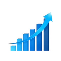 A blue graph with an upward trend and a large arrow isolated on transparent background