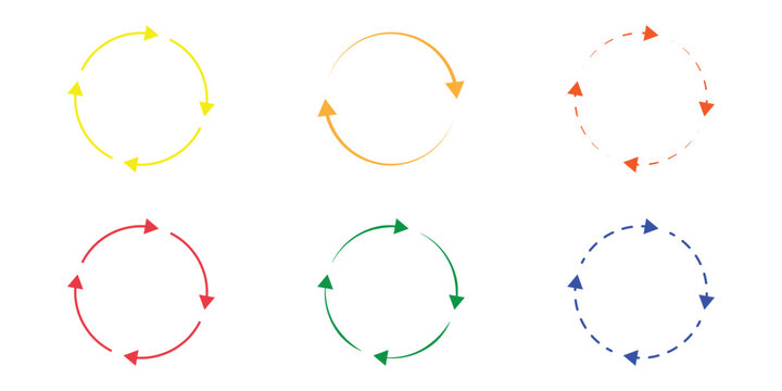 Circular Arrow Loop Icons Set in Six Colors. Loop Arrows Circle Icons Set for Infographics. Round Rotation Arrows Icon Pack. Rotate arrow and spinning loading symbol. loading elements, redo process
