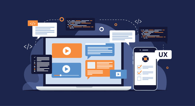 User experience design and development process for a cross-platform application with code snippets chat bubbles and video content.