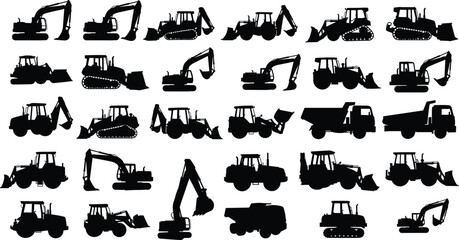 Silhouettes of construction vehicles, excavators, bulldozers, backhoes, dump trucks, tractors, heavy machinery, earth-moving equipment, industrial machines, site tools, engineering vehicles © Creative Mind