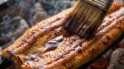 Fototapeta premium Macro Shot of Chef Brushing Tare Sauce on Charcoal-Grilled Unagi Eel