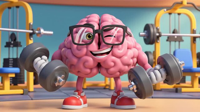 Happy brain character exercising with dumbbells in a modern gym