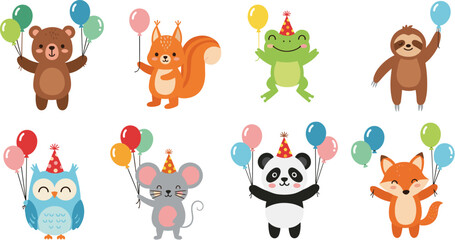 Cute cartoon birthday animal collection featuring bear squirrel frog sloth owl mouse panda and fox with colorful balloons and party hats on white. © Hossain