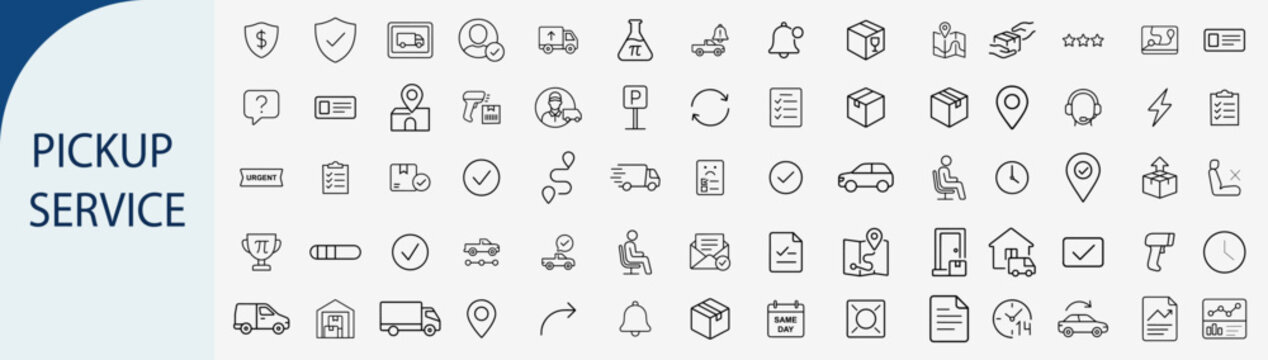 Pickup service and delivery icons set, outline symbols for logistics shipping warehouse transport and order fulfillment vector illustration