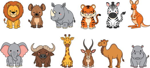 Large collection of cute cartoon wild animals featuring lion giraffe tiger elephant zebra kangaroo and rhino characters isolated on white background. © Hossain