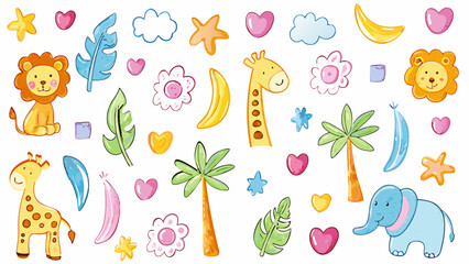 Obraz premium Hand drawn crayon pencil stroke doodle lions, monkeys, giraffes, elephants, zebras, and tropical trees. Vector illustration
