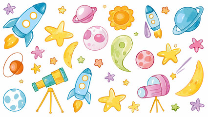Hand drawn crayon pencil stroke doodle rockets, planets, stars, comets, astronauts, moons, telescopes, and alien creatures. Vector illustration © Raisa