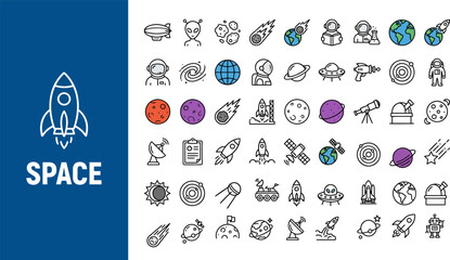 Space Universe Exploration Line Icons Vector Set – Planet Rocket Astronaut Galaxy Star Satellite Telescope Moon Orbit Nebula Outline Icon Pack UI Web App © Pixel_Forge