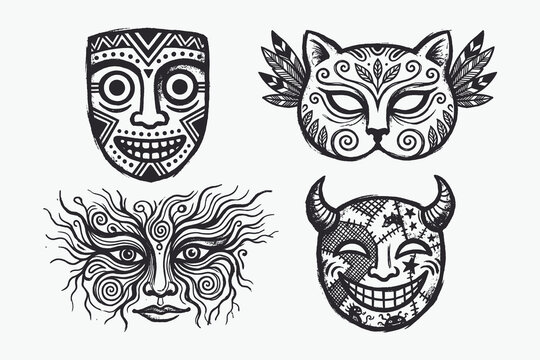Grunge Black and White Mask Collection: Tribal, Cat, Abstract, and Voodoo Devil Set