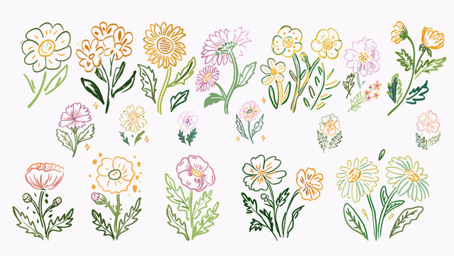 Sketch crayon style modern simple flower art poster or placard collection. Ink, charcoal, pencil or chalk style Colorful hand drawn flowers vector illustration set.