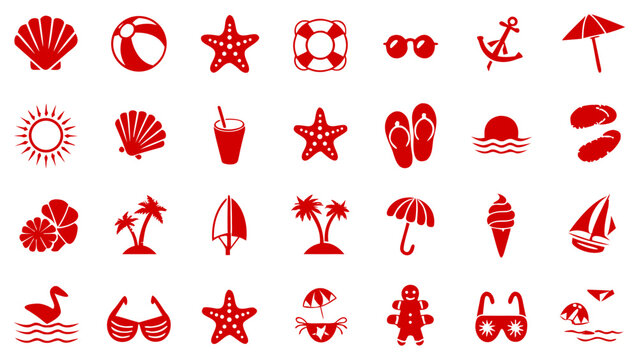 Summer Beach-themed icon set, red festival, holidays vector symbol collection