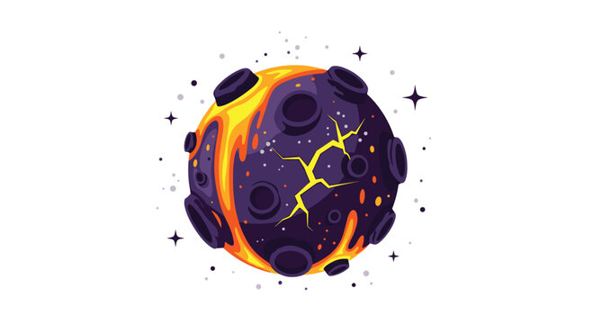 A cartoon illustration of an alien planet with a dark purple cratered surface, featuring yellow and orange lava flows on white.