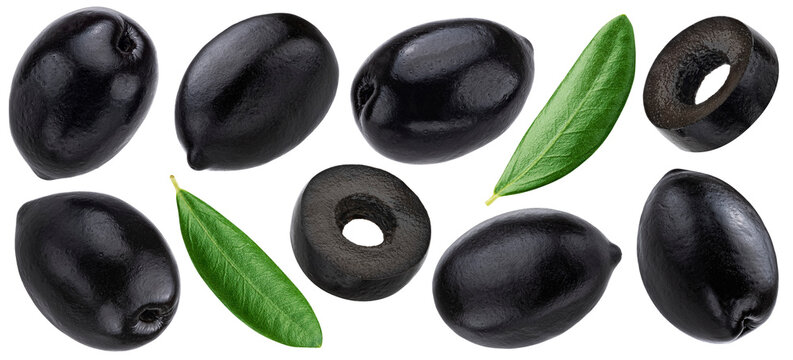 Black olives whole and sliced isolated on white background