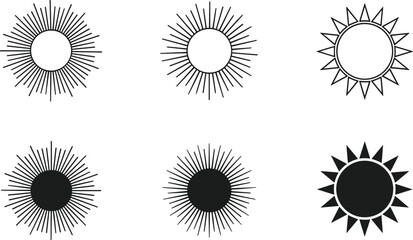 Set of Six Vector Sun Icons with Geometric Rays and Starburst Shapes in Outline and Solid Styles for Logo Design