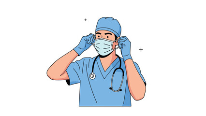 Male surgeon in blue scrubs and gloves putting on protective face mask before medical procedure or operation.