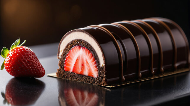 Exquisites Schokoladen Petit Four mit ganzer Erdbeere