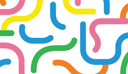 Fototapeta premium Bright and cheerful abstract pattern of scattered curved lines in pink, yellow, blue, and green. Playful, modern design for kids' rooms and creative spaces.